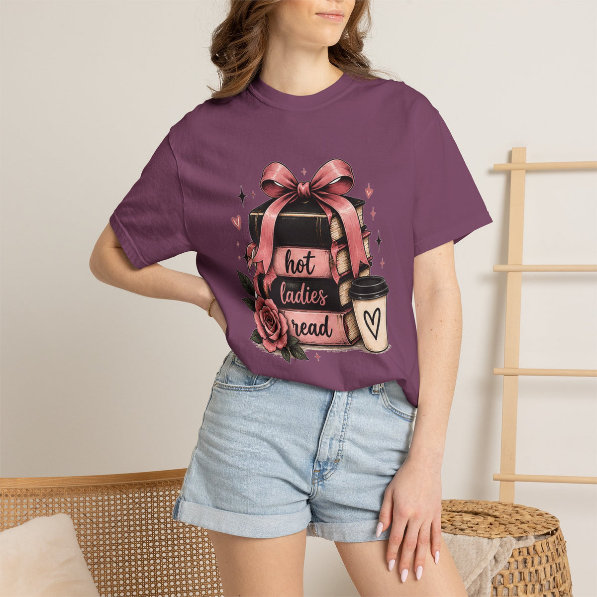 Hot Ladies Read T-shirt | Coffee Cup, Rose Ribbon Bakery Illustration